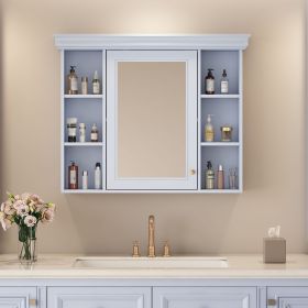 35'' x 28'' Wall Mounted Bathroom Storage Cabinet with Mirror Door, Modern Bathroom Wall Cabinet with Mirror, Medicine Cabinet with 6 Open Shelve (Color: Blue, Material: MDF+glass)